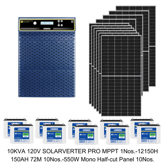 Luminous 10KVA 120V MPPT Solarverter Pro PCU + LPTT 12150H 150Ah Battery + 550W Mono-Perc Half Cut Solar Panel
