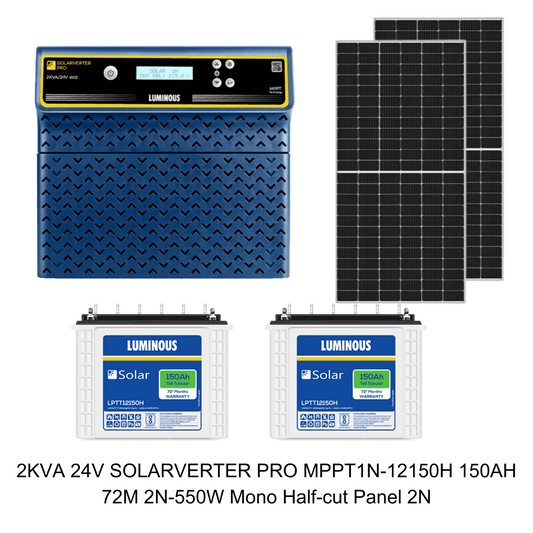Luminous 2KVA 24V Solarverter Pro PCU Eco MPPT with LPTT12150H 150Ah Battery & 550W Half-Cut Solar Panel – 72-Month Battery & 25-Year Panel Warranty