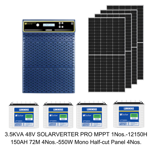 Luminous 3.5KVA 48V Solarverter Pro PCU MPPT with LPTT12150H 150Ah 72*Month Warranty and 550W 24V mono Perc HalfCut Solar Panel 25*Year Warranty