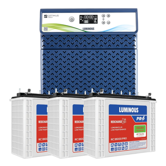 Luminous Optimus 3800 Pure Sine Wave Inverter 3.5KVA 36V High-Capacity Power Backup with 3Nos RC18000 Pro 150Ah Batteries 48-Month Warranty
