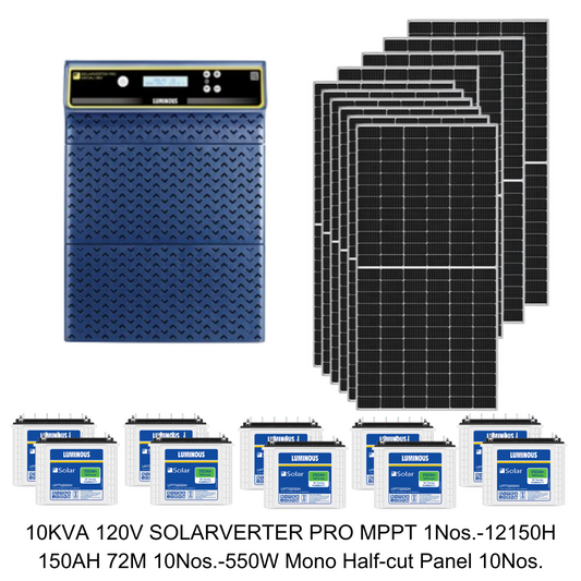 Luminous 10KVA 120V MPPT Solarverter Pro + LPTT 12150H 150Ah Battery + 550W Mono-Perc Half Cut Solar Panel