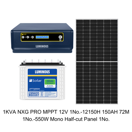 Luminous 1KVA NXG Pro 12V MPPT with LPTT12150H 150Ah Battery-72Month & 550W Mono PERC Half-Cut Solar Panel-25Year Warranty
