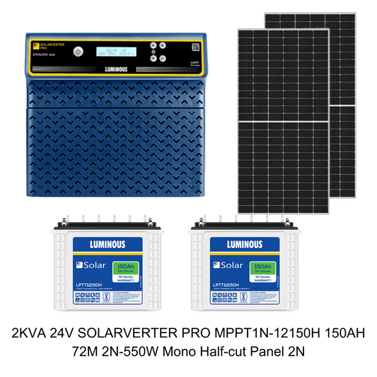 Luminous 2KVA Solarverter Pro 24V Eco MPPT with LPTT12150H 150Ah Battery & 550W Half-Cut Solar Panel – 72-Month Battery & 25-Year Panel Warranty