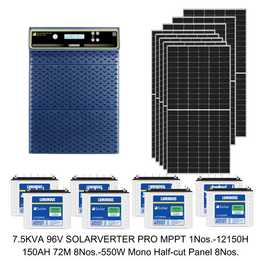 Luminous 7.5KVA Solarverter Pro 96V MPPT with LPTT12150H 150Ah Battery 72 Month & 550W Mono PERC Half-Cut 25 Years Warranty