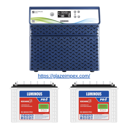 Luminous Optimus 2300 Pure Sine Wave Inverter 2000VA/24V with 2Nos RC18000 Pro 150Ah Tall Tubular Batteries 48-Month Warranty