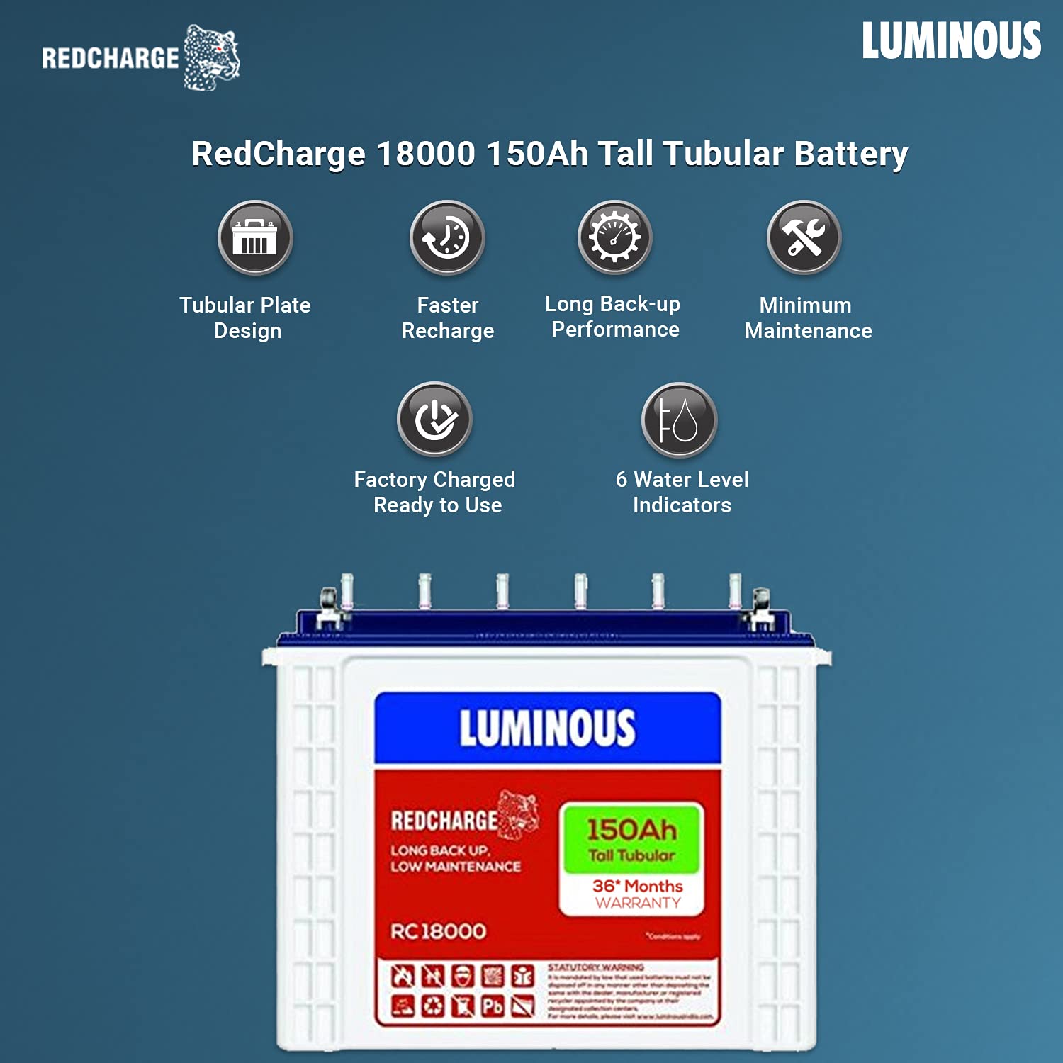 Luminous Redcharge 150Ah RC18000 tall tubular battery 36*Month warranty